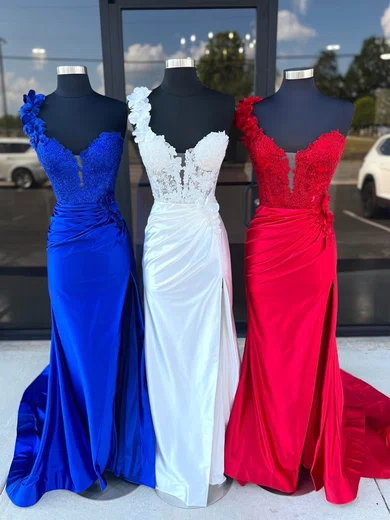 Sheath/Column One Shoulder Satin Prom Dresses With Appliques #Milly020125257