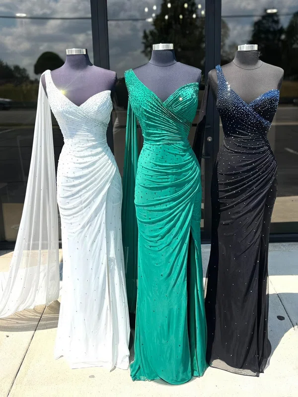 Sheath/Column One Shoulder Chiffon Beaded Prom Dresses With Ruched #Milly020125258