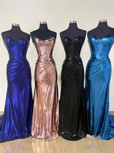 Sheath/Column Strapless Metallic Prom Dresses With Ruched #Milly020125262