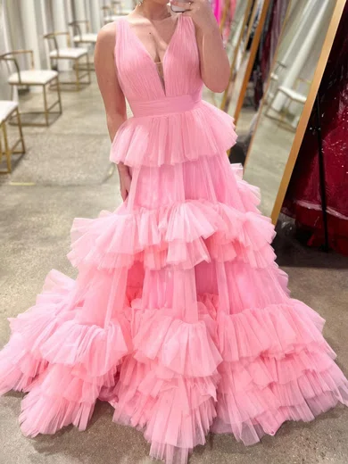 Ball Gown V-neck Tulle Ruffle Tiered Prom Dresses #Milly020125265
