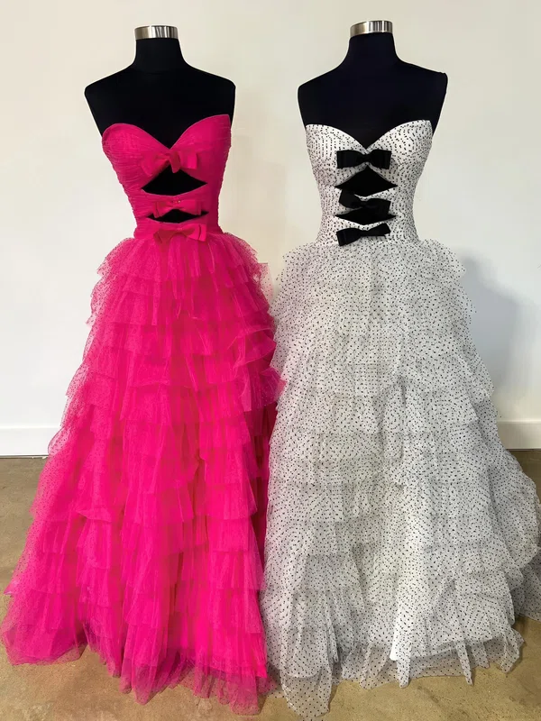 Ball Gown Strapless Tulle Ruffle Tiered Prom Dresses With Bow #Milly020125272