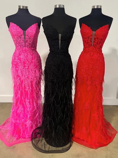 Sheath/Column V-neck Tulle Prom Dresses With Feather #Milly020125274