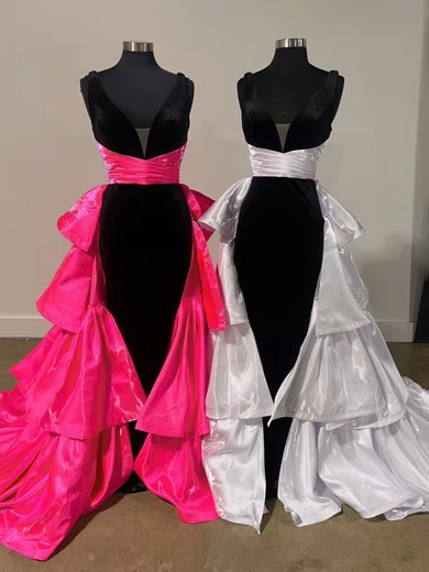 Ball Gown V-neck Velvet Tulle Prom Dresses With Ruched #Milly020125279