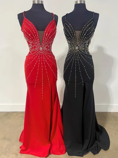 Sheath/Column V-neck Stretch Crepe Beaded Prom Dresses #Milly020125281
