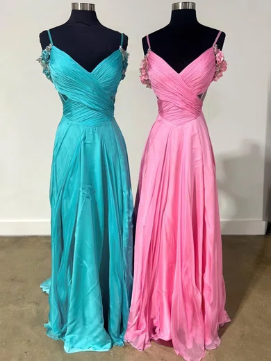 A-line V-neck Floor-length Chiffon Prom Dresses With Ruched #Milly020125284