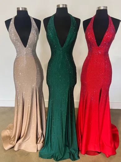 Sheath/Column Halter Jersey Beaded Prom Dresses #Milly020125290