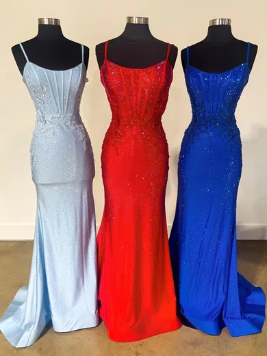 Sheath/Column Scoop Neck Jersey Beaded Prom Dresses With Appliques #Milly020125294