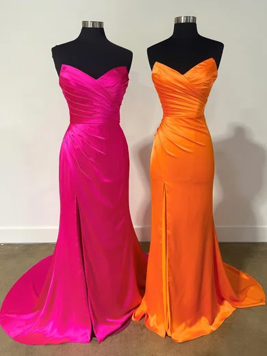 Sheath/Column Strapless Satin Prom Dresses With Ruched #Milly020125297