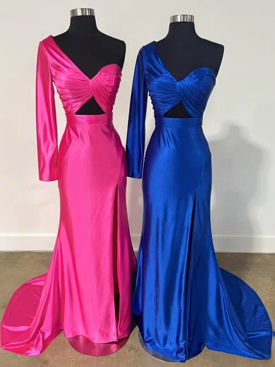 Sheath/Column One Shoulder Satin Cut Out Prom Dresses With Ruched #Milly020125298