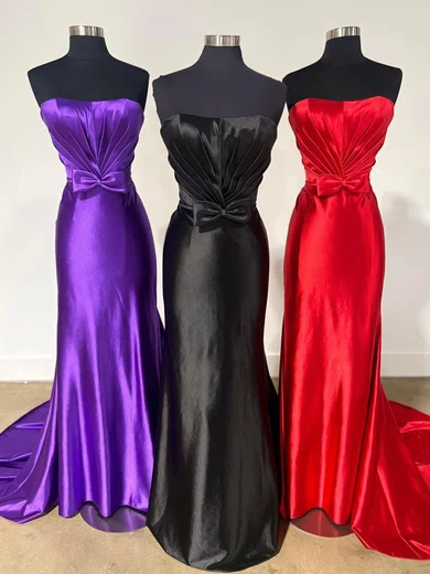 Sheath/Column Strapless Ruched Satin Prom Dresses With Bow #Milly020125300