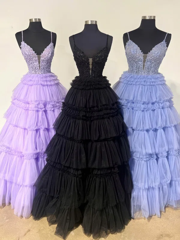 Ball Gown V-neck Tulle Ruffle Tiered Prom Dresses With Appliques #Milly020125302