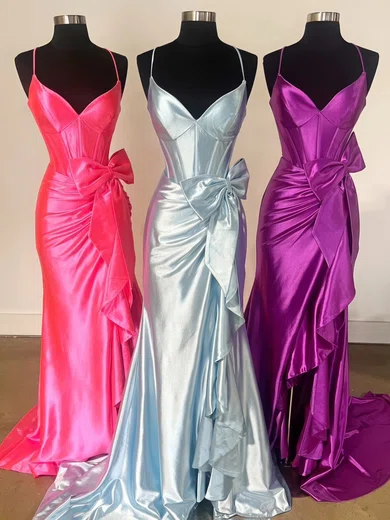 Sheath/Column V-neck Satin Corset Prom Dresses With Bow #Milly020125306