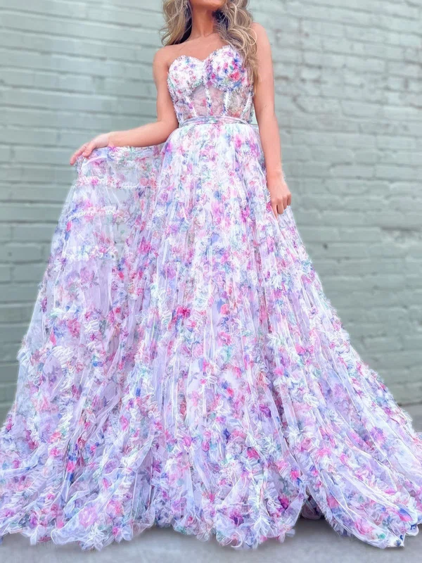 Ball Gown Strapless Tulle Floral Prom Dresses With Ruffle #Milly020125316