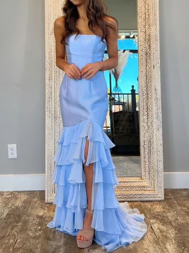 Mermaid Strapless Satin Chiffon Ruffle Tiered Prom Dresses #Milly020125336