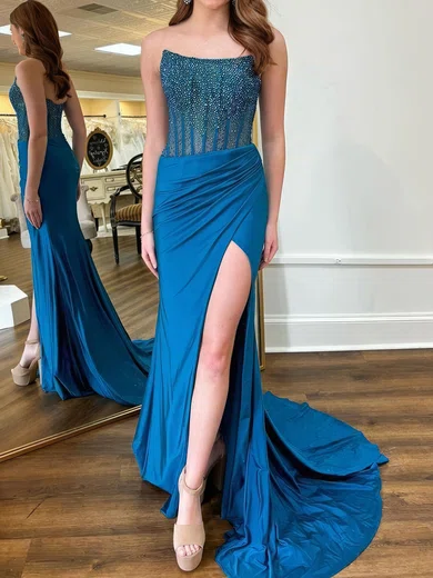 Sheath/Column Strapless Satin Corset Prom Dresses With Beading #Milly020125354