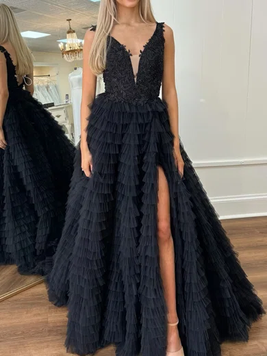 Ball Gown V-neck Tulle Ruffle Tiered Prom Dresses With Appliques #Milly020125364