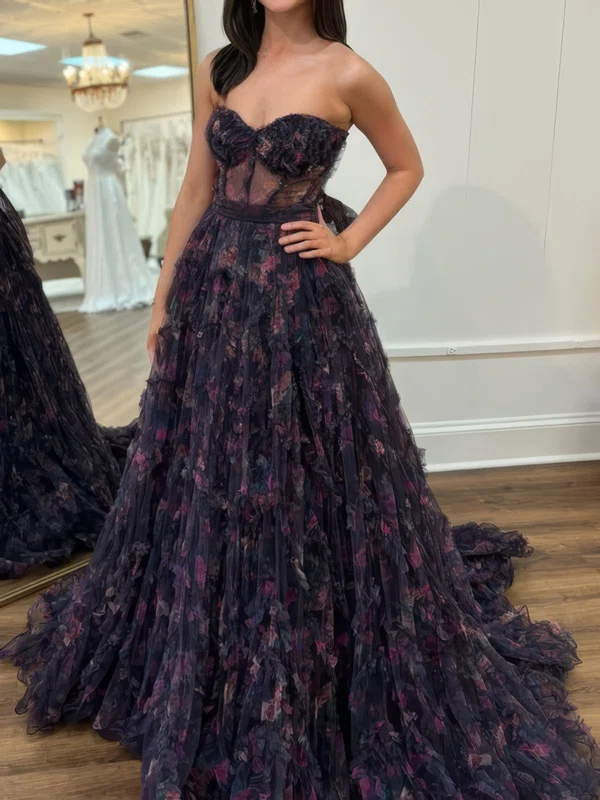 Ball Gown Strapless Tulle Floral Prom Dresses With Ruffle #Milly020125371