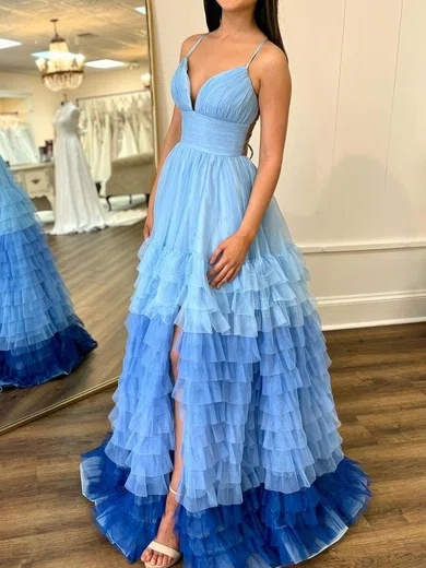 Ball Gown V-neck Tulle Ruffle Tiered Prom Dresses #Milly020125373