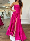 Modest A-line Satin Straight Ruched Split Prom Dresses #Milly020125384