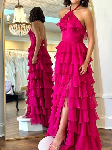 Ball Gown Halter Chiffon Ruffle Tiered Prom Dresses #Milly020125385