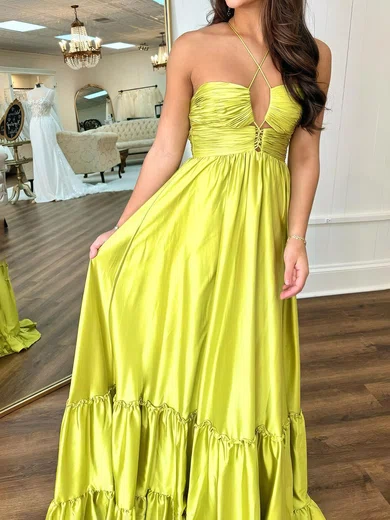 A-line Halter Satin Ruffle Prom Dresses With Ruched #Milly020125386