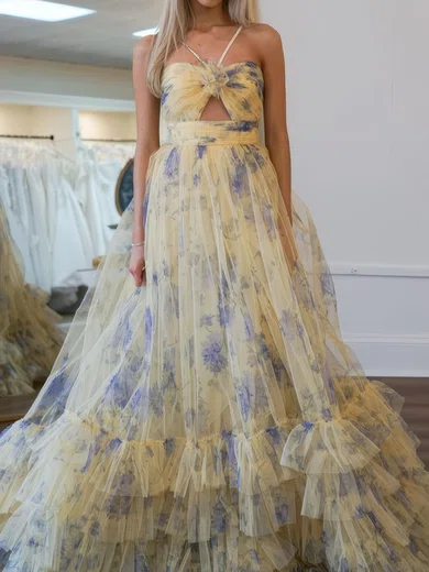 Ball Gown Halter Tulle Floral Ruffle Tiered Prom Dresses #Milly020125393