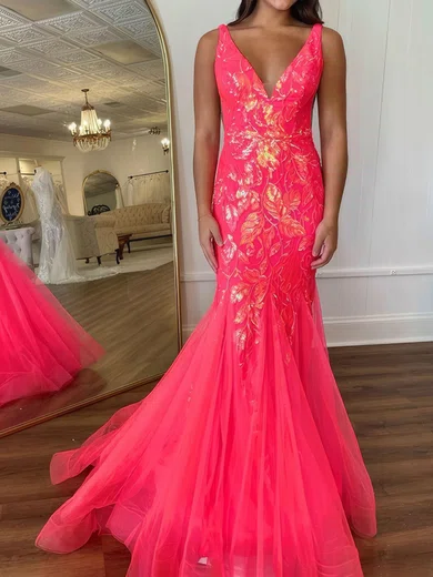 Mermaid V-neck Sparkly Sequin Tulle Prom Dresses With Ruched #Milly020125399