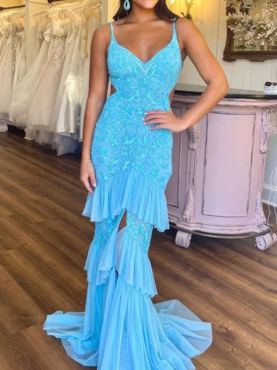 Mermaid V-neck Chiffon Cut Out Tiered Prom Dresses With Appliques #Milly020125401
