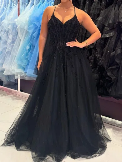 Black Ball Gown V-neck Tulle Corset Prom Dresses With Appliques #Milly020125408