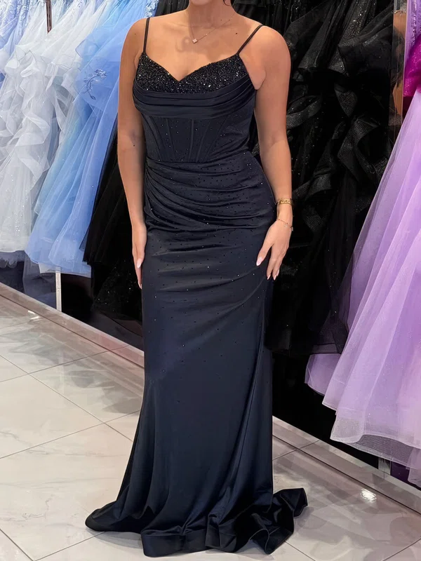 Sheath/Column V-neck Satin Beaded Prom Dresses With Ruched #Milly020125409