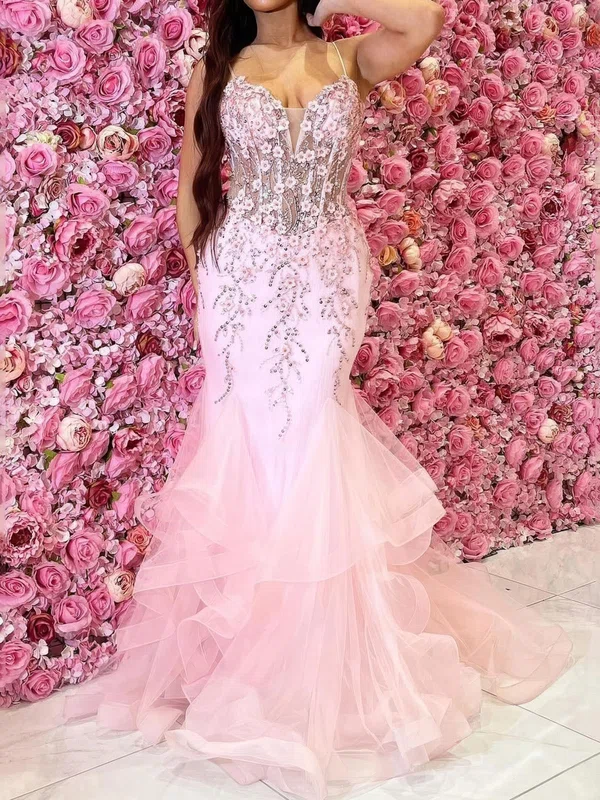 Mermaid V-neck Tulle Ruffle Tiered Prom Dresses With Appliques #Milly020125416