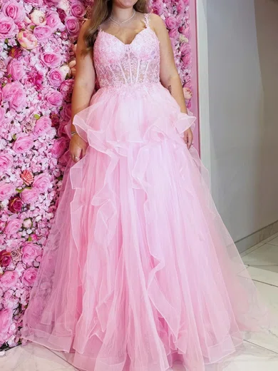 Princess V-neck Tulle Ruffle Prom Dresses With Appliques #Milly020125418