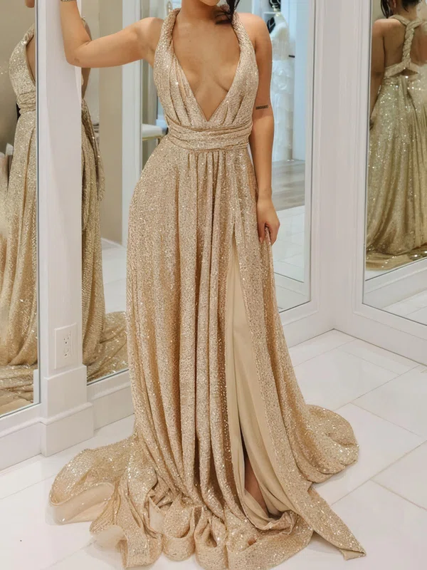 A-line V-neck Sparkly Sequin Prom Dresses With Ruched #Milly020125431