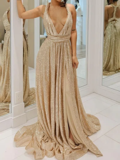 A-line V-neck Sparkly Sequin Prom Dresses With Ruched #Milly020125431