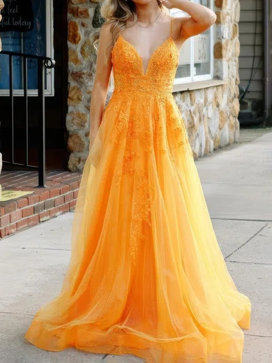 Ball Gown V-neck Ruched Tulle Prom Dresses With Appliques #Milly020125435