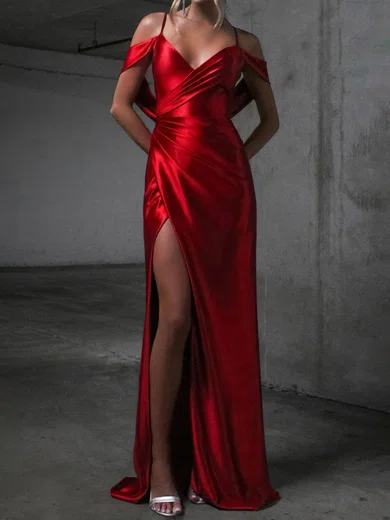 Sheath/Column V-neck Satin Prom Dresses With Ruched #Milly020125488