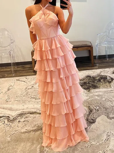 Ball Gown Halter Chiffon Ruffle Tiered Prom Dresses #Milly020125519
