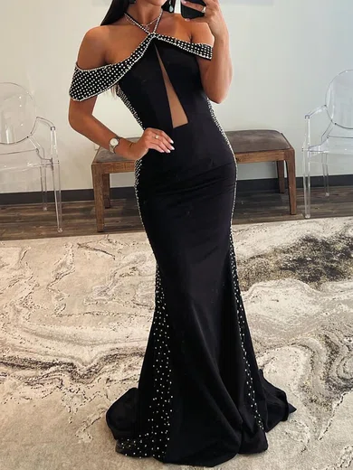 Sheath/Column Halter Stretch Crepe Cut Out Prom Dresses With Beading #Milly020125524