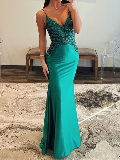 Petite Sheath/Column Satin V-neck Appliques Prom Dresses #Milly020125525