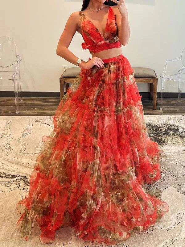 Ball Gown V-neck Tulle Two Piece Floral Prom Dresses With Ruffle #Milly020125527