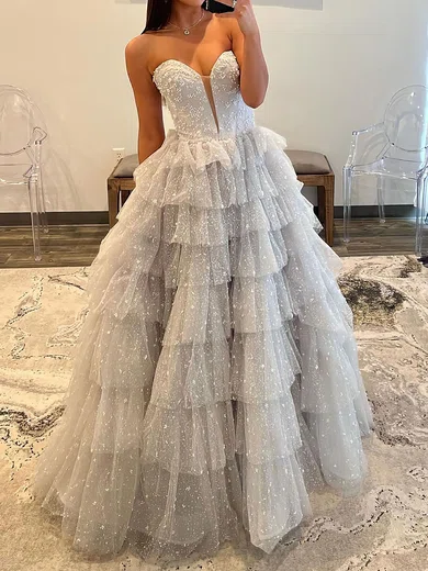 Ball Gown Strapless Tulle Ruffle Tiered Prom Dresses #Milly020125537