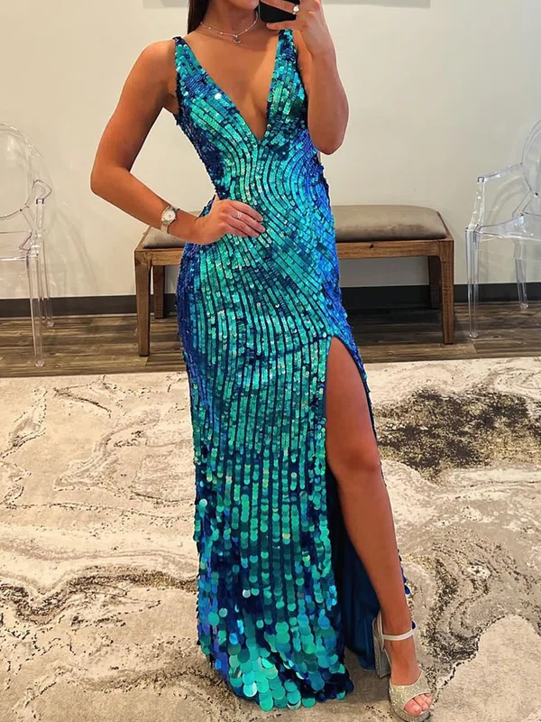 Sparkly Sheath/Column Sequin V-neck Split Prom Dresses #Milly020125538