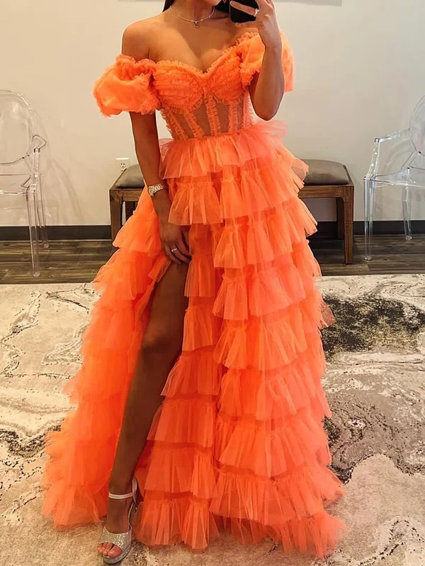 Ball Gown Off-the-shoulder Tulle Puff Sleeve Tiered Prom Dresses #Milly020125540
