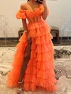 Ball Gown Off-the-shoulder Tulle Puff Sleeve Tiered Prom Dresses #Milly020125540
