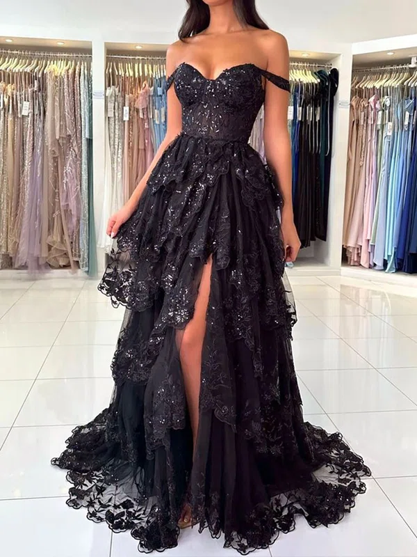 Ball Gown Off-the-shoulder Tulle Tiered Prom Dresses With Appliques #Milly020125550