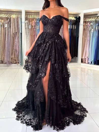 Ball Gown Off-the-shoulder Tulle Tiered Prom Dresses With Appliques #Milly020125550