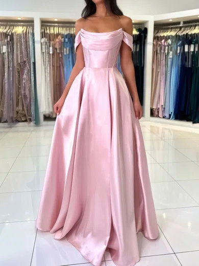 Ball Gown Off-the-shoulder Satin Prom Dresses With Ruched #Milly020125558