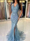 Mermaid V-neck Sparkly Sequin Prom Dresses With Feather #Milly020125563