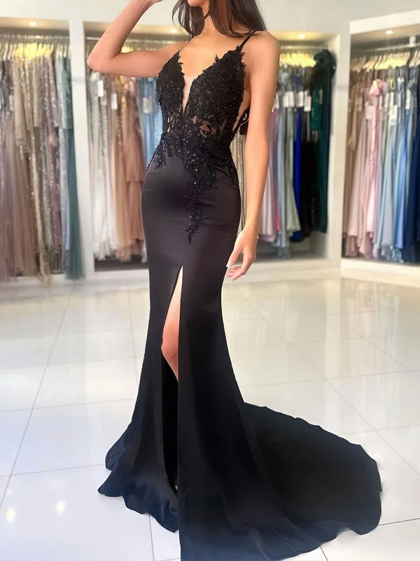 Black Sheath/Column V-neck Satin Prom Dresses With Appliques #Milly020125566