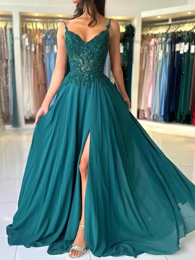 A-line V-neck Chiffon Prom Dresses With Appliques #Milly020125567